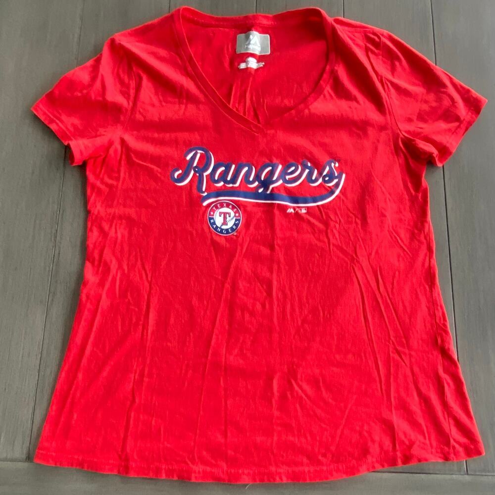 Majestic Texas Rangers V‑Neck • Women’s Medium • Red • Short Sleeve • Cotton